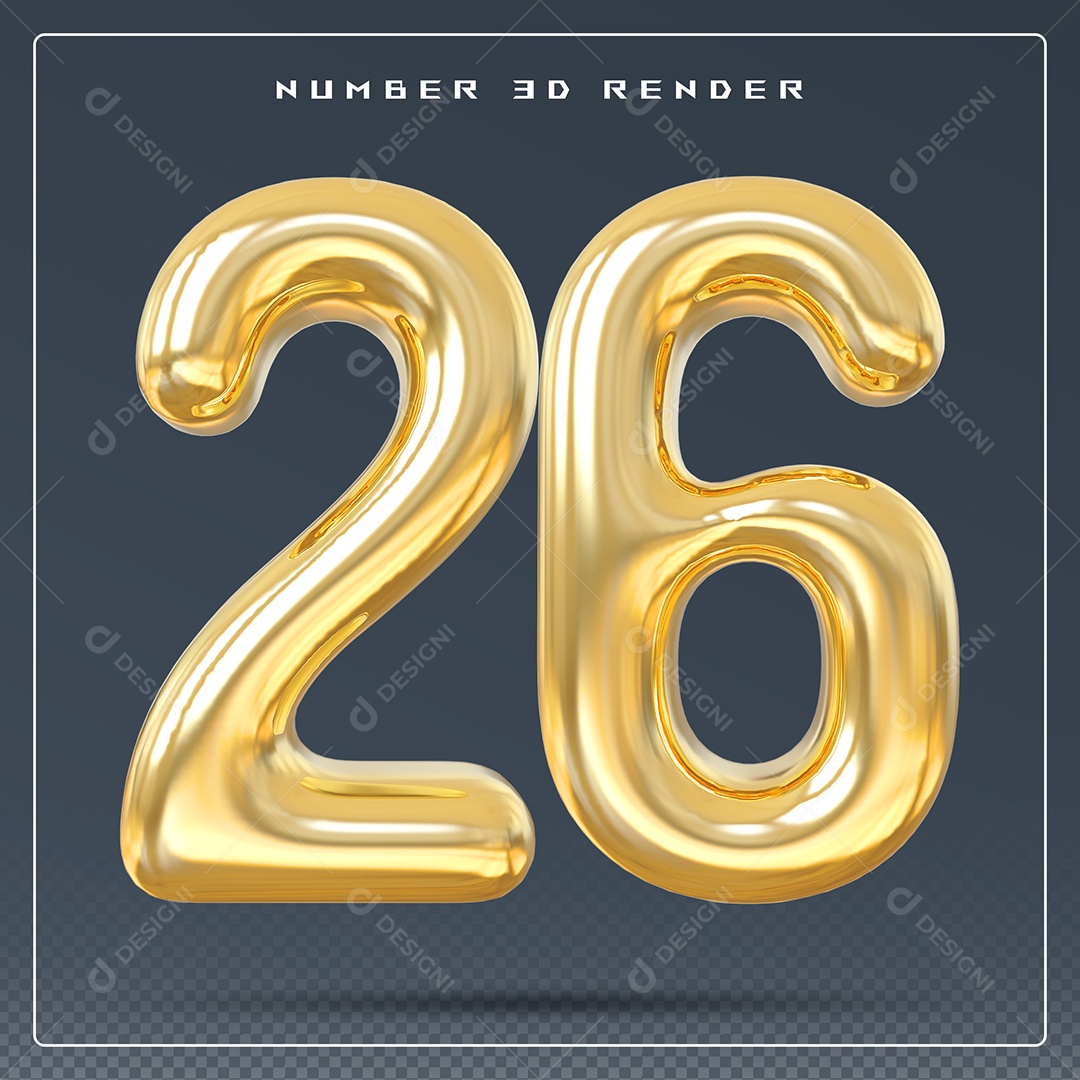 Elemento 3D Número 26 Dourado para Composição PSD