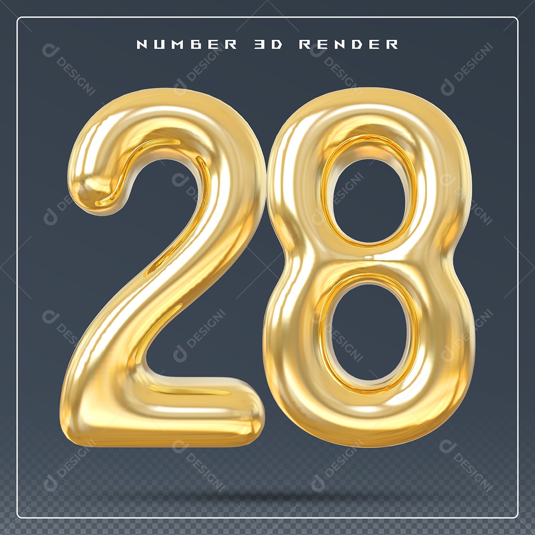 Elemento 3D Número 28 Dourado para Composição PSD