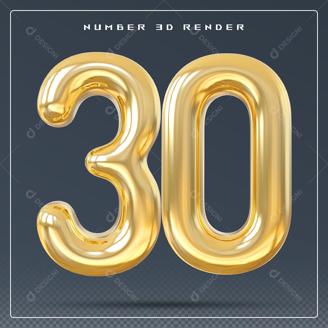 Elemento 3D Número 30 Dourado para Composição PSD