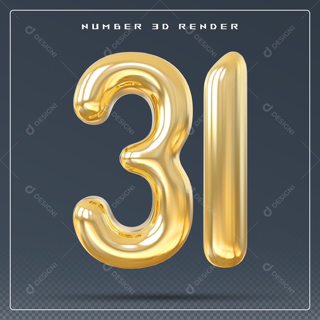 Elemento 3D Número 31 Dourado para Composição PSD