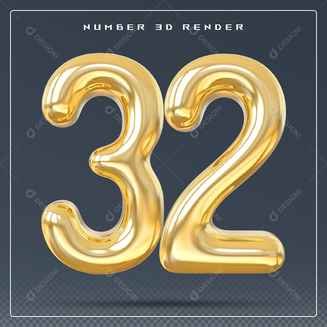 Elemento 3D Número 32 Dourado para Composição PSD