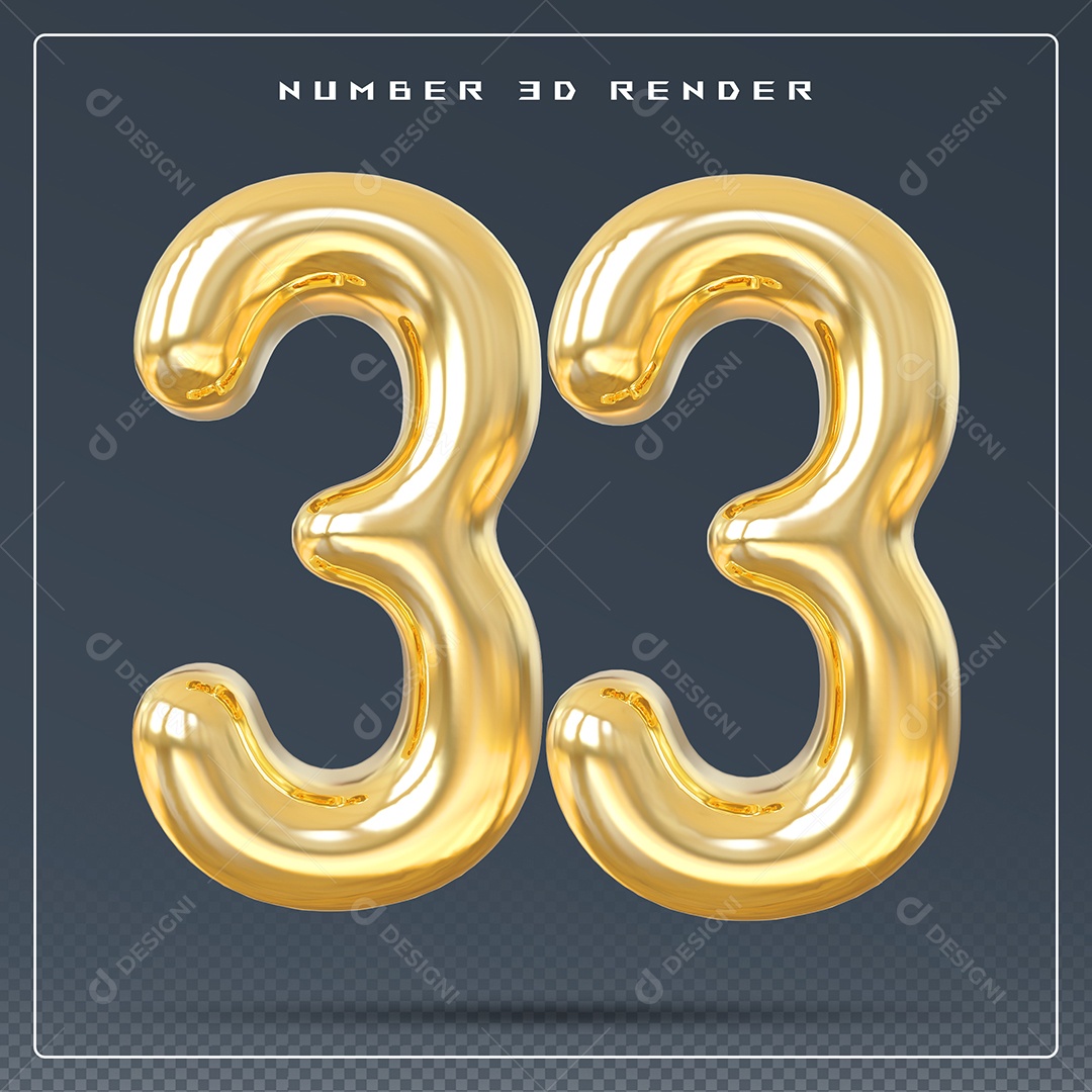 Elemento 3D Número 33 Dourado para Composição PSD