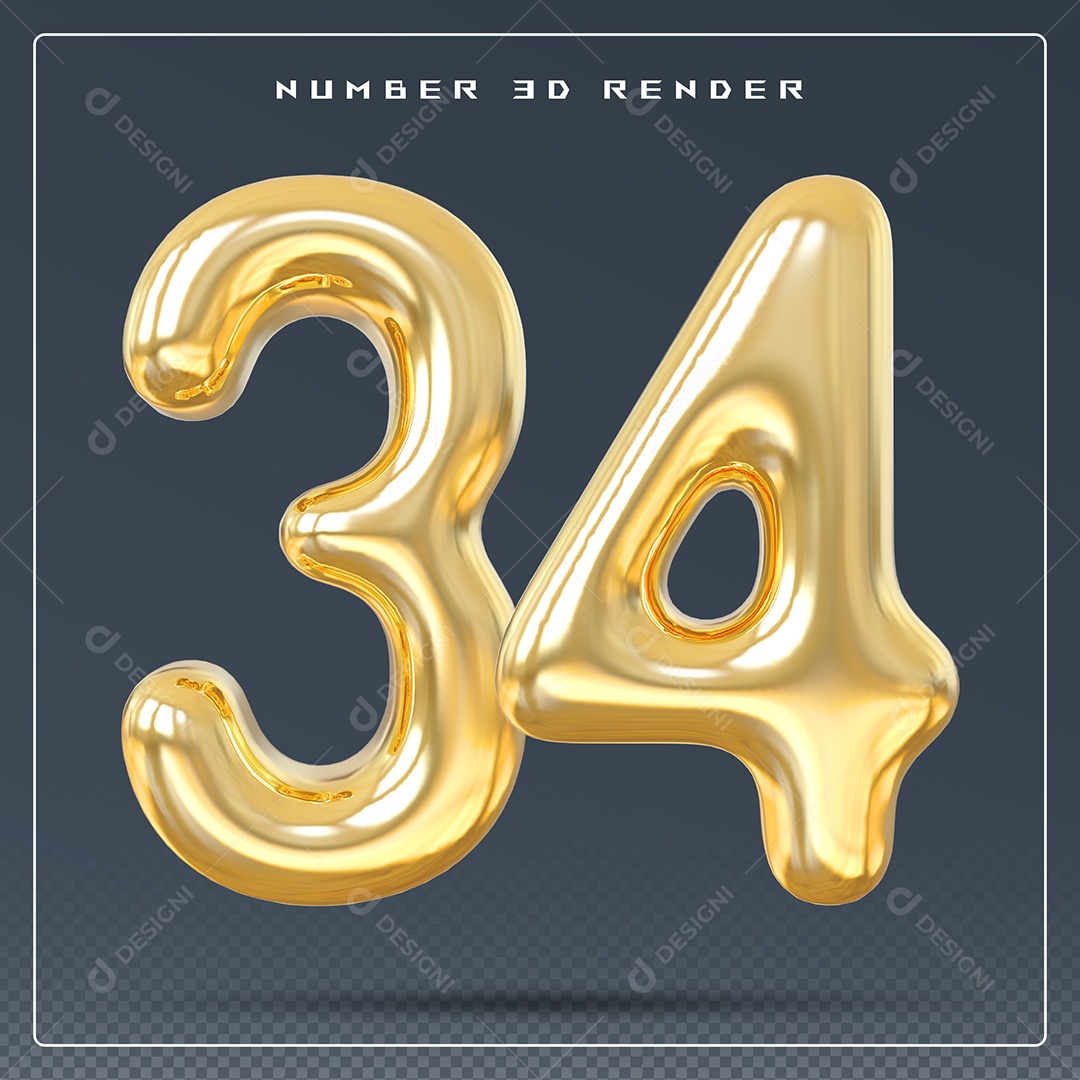 Elemento 3D Número 34 Dourado para Composição PSD