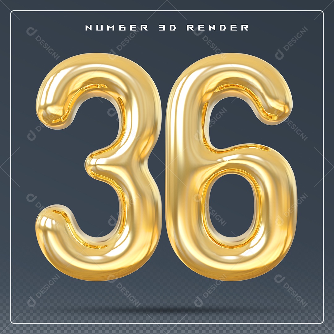 Elemento 3D Número 36 Dourado para Composição PSD