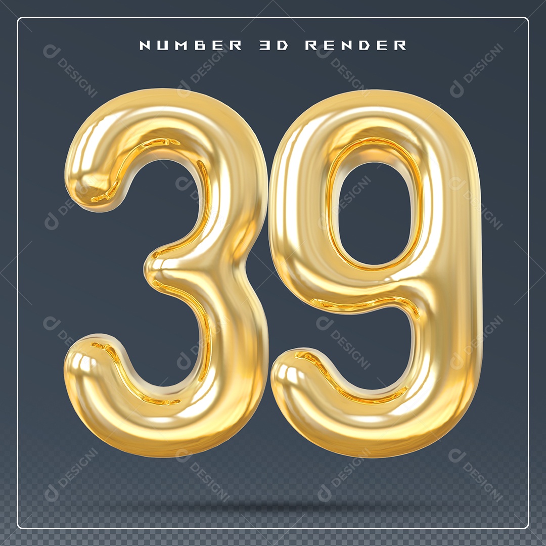 Elemento 3D Número 39 Dourado para Composição PSD