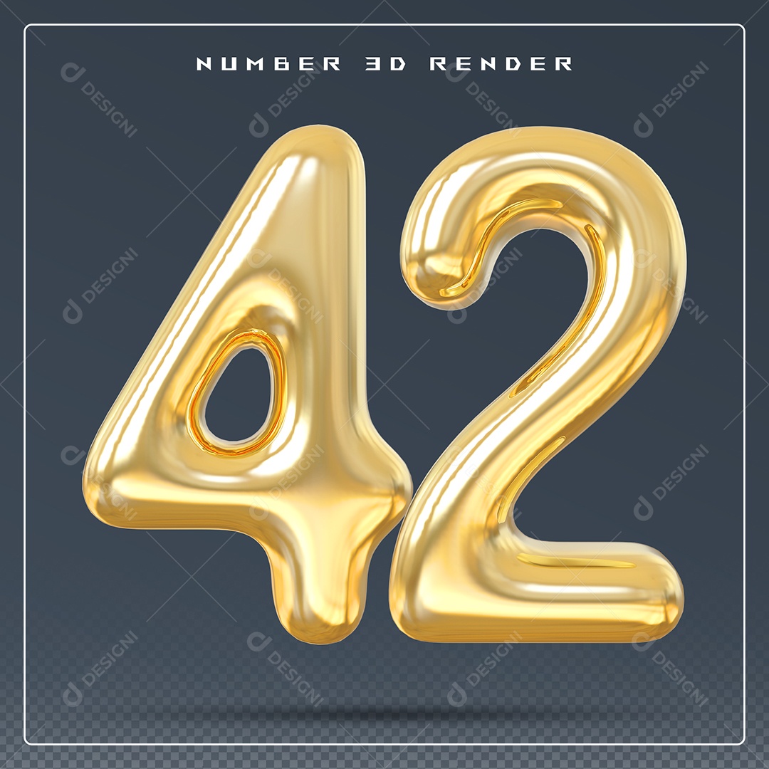 Elemento 3D Número 42 Dourado para Composição PSD
