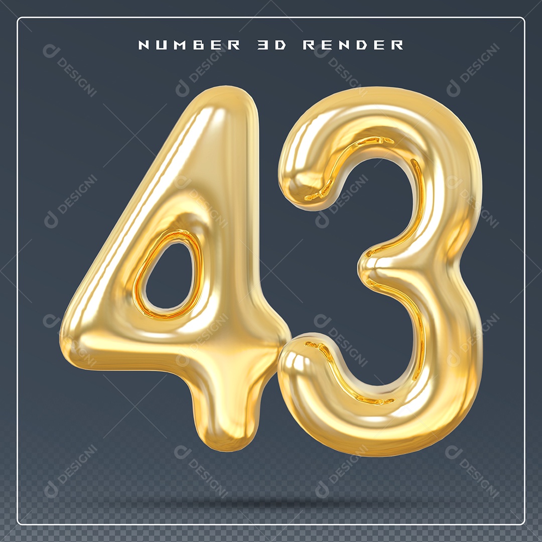 Elemento 3D Número 43 Dourado para Composição PSD
