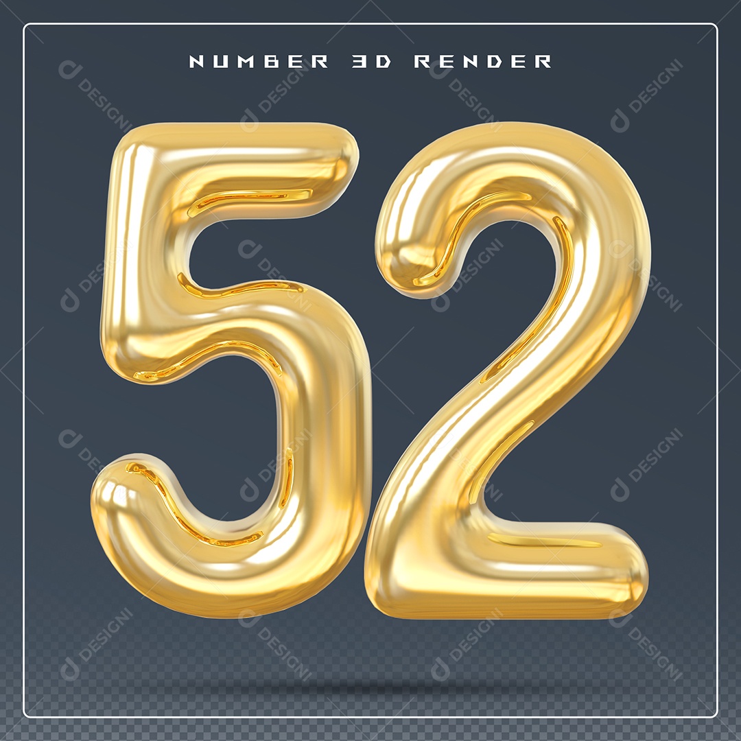 Elemento 3D Número 52 Dourado para Composição PSD