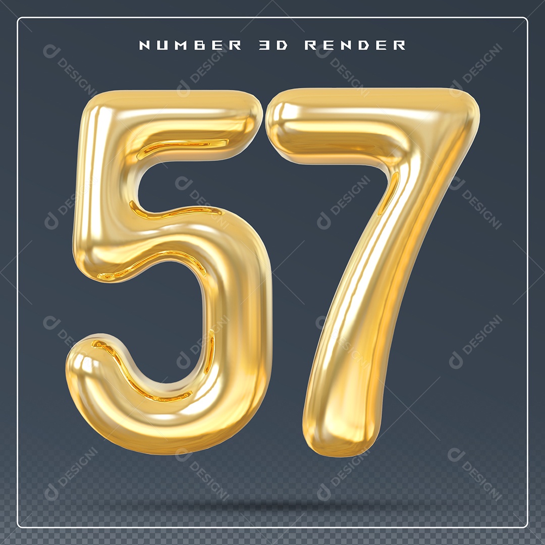 Elemento 3D Número 57 Dourado para Composição PSD