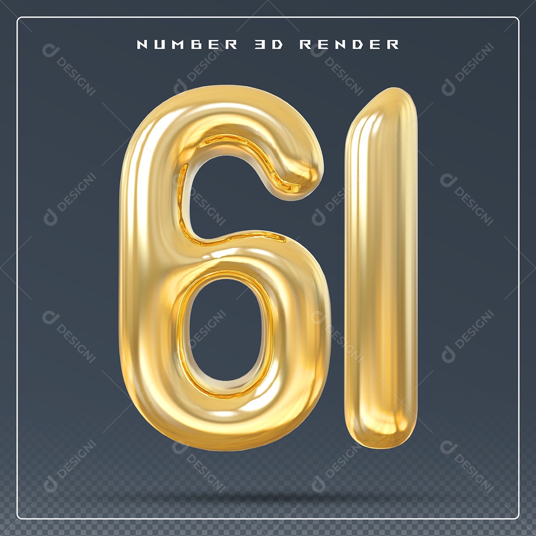 Elemento 3D Número 61 Dourado para Composição PSD