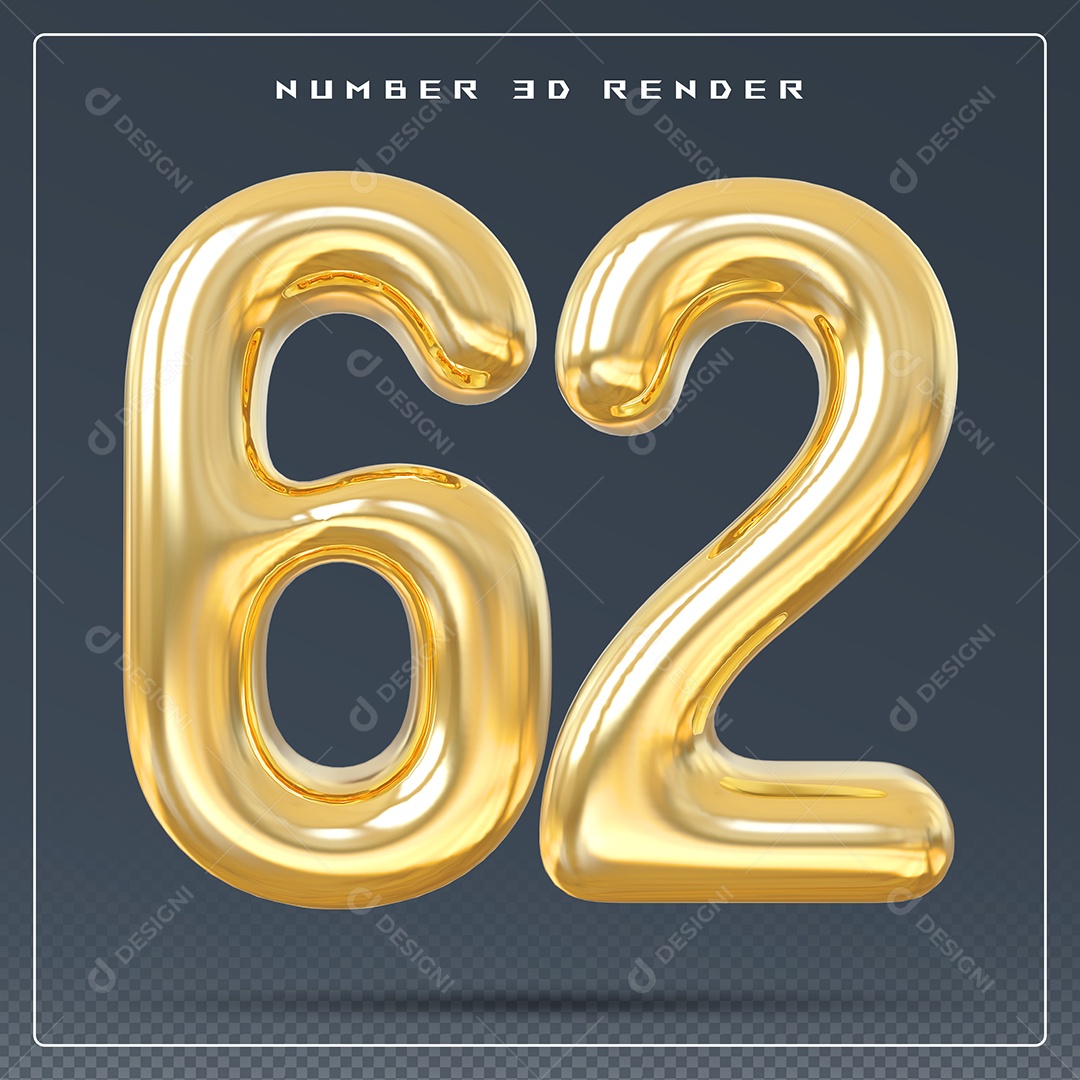 Elemento 3D Número 62 Dourado para Composição PSD