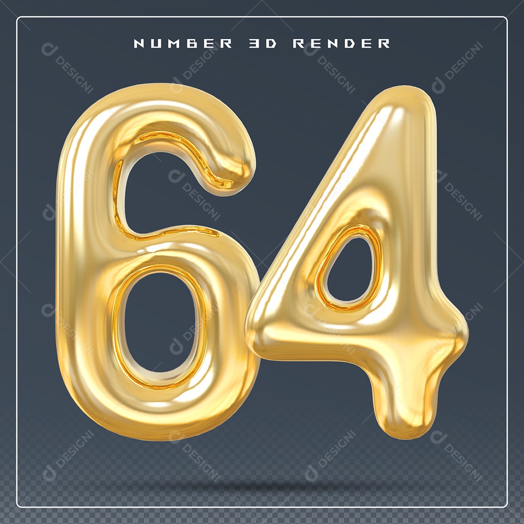 Elemento 3D Número 64 Dourado para Composição PSD