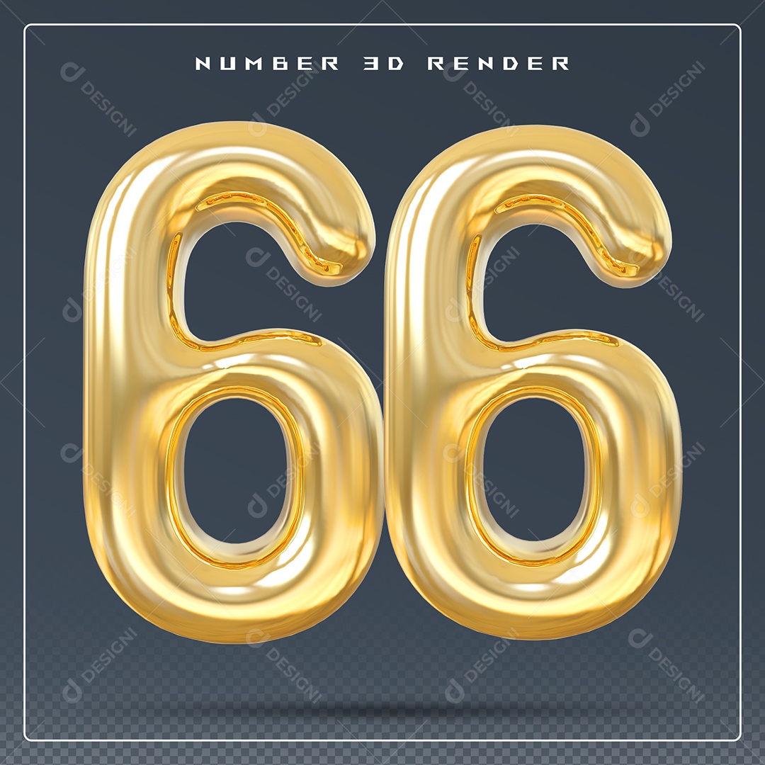 Elemento 3D Número 66 Dourado para Composição PSD