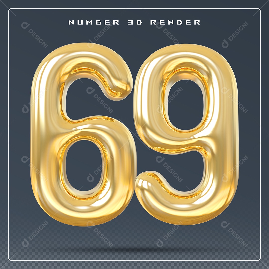 Elemento 3D Número 69 Dourado para Composição PSD