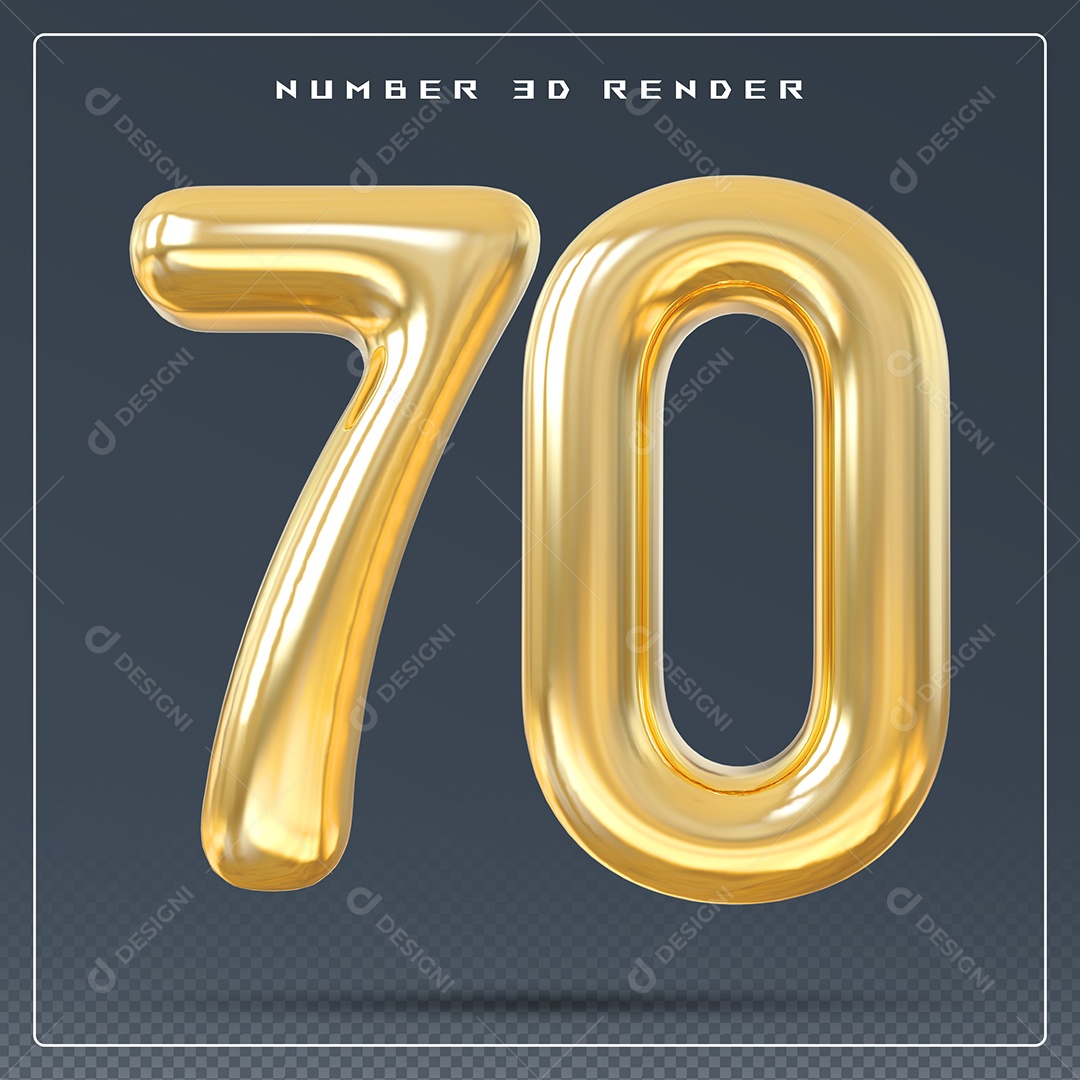 Elemento 3D Número 70 Dourado para Composição PSD