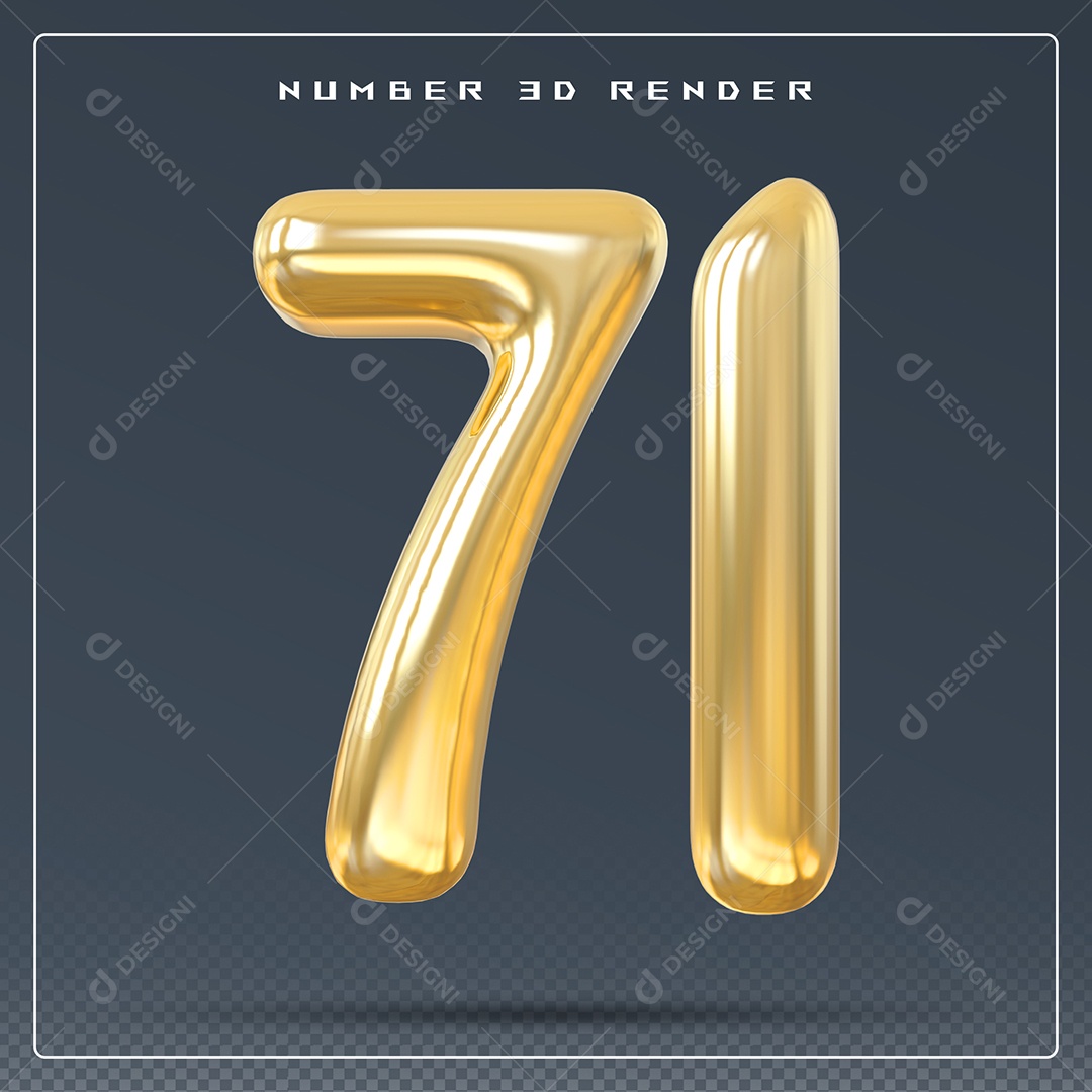 Elemento 3D Número 71 Dourado para Composição PSD