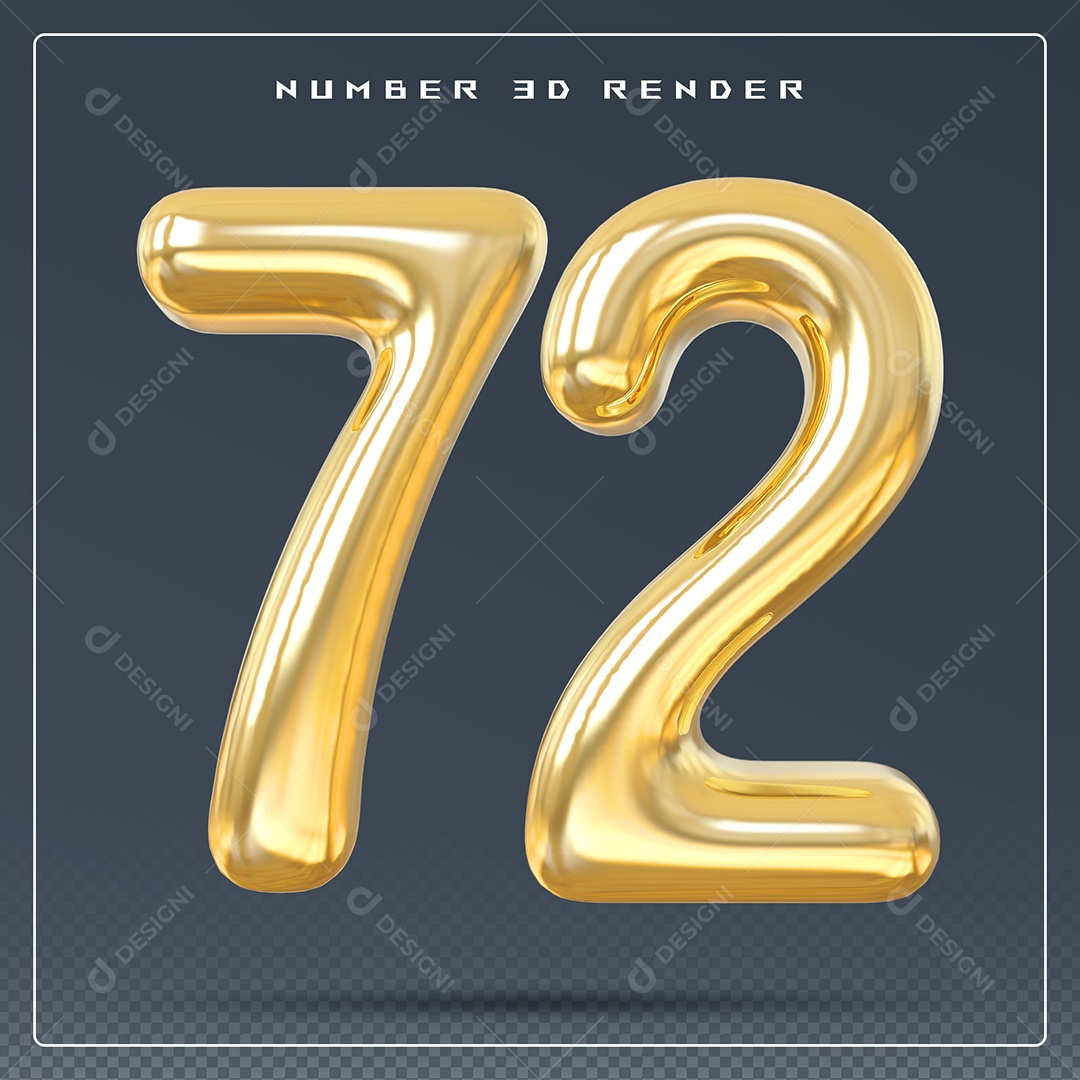 Elemento 3D Número 72 Dourado para Composição PSD