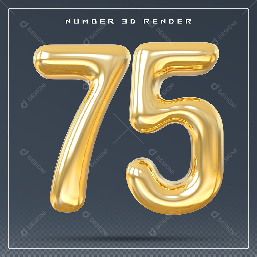 Elemento 3D Número 75 Dourado para Composição PSD