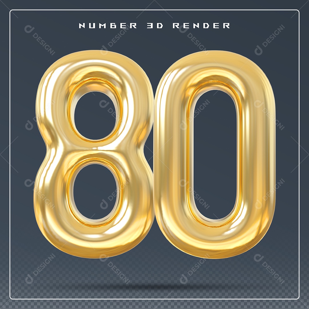 Elemento 3D Número 80 Dourado para Composição PSD