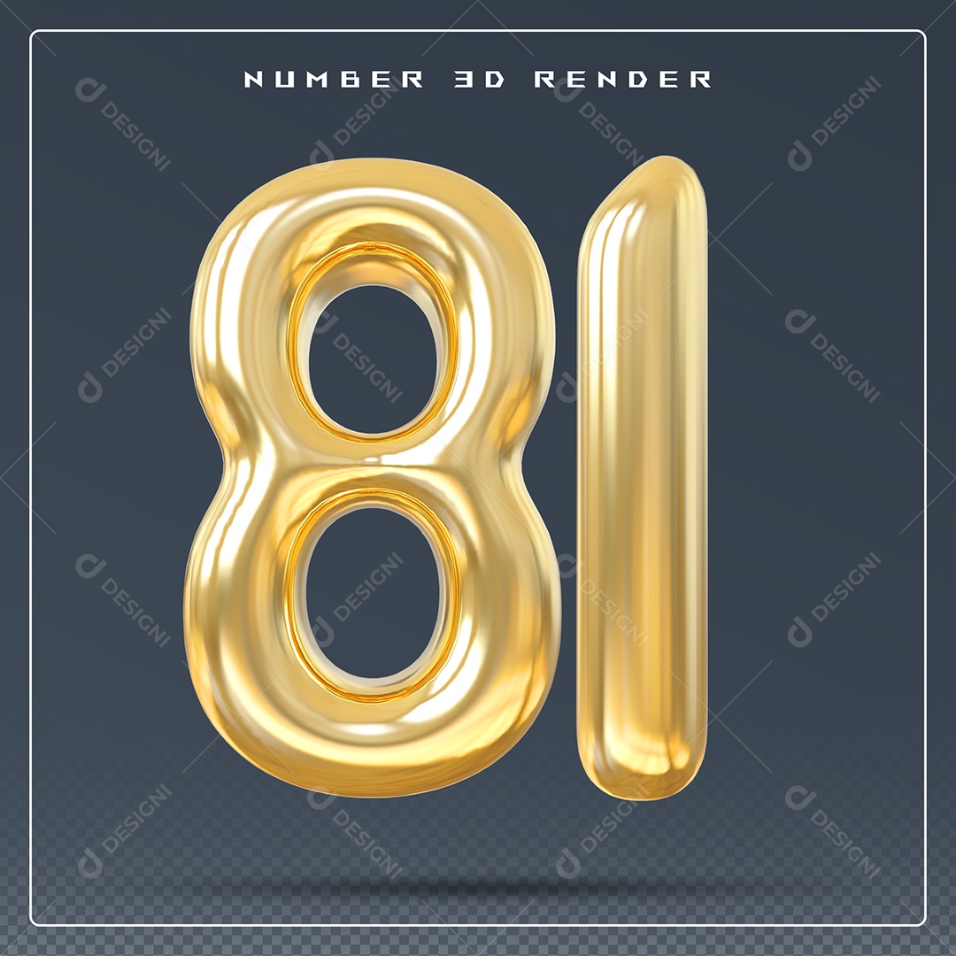 Elemento 3D Número 81 Dourado para Composição PSD