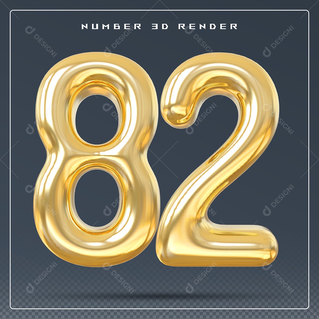 Elemento 3D Número 82 Dourado para Composição PSD