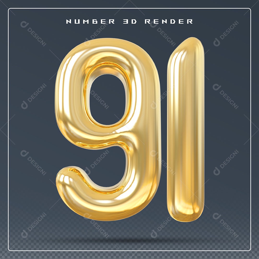 Elemento 3D Número 91 Dourado para Composição PSD