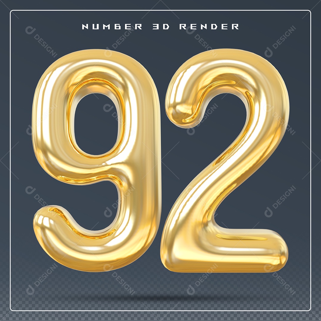 Elemento 3D Número 92 Dourado para Composição PSD