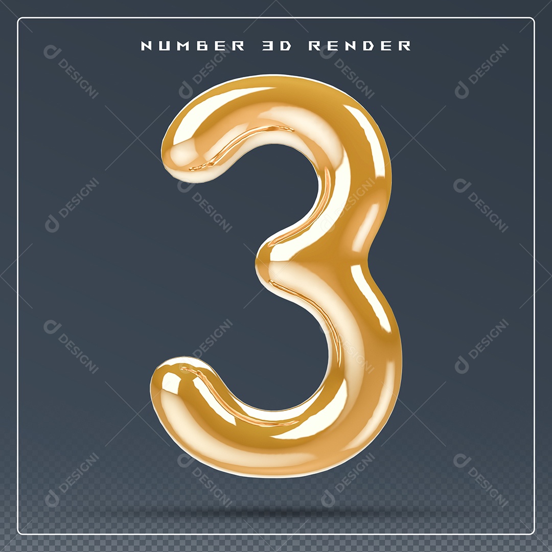 Elemento 3D Número 3 Dourado para Composição PSD