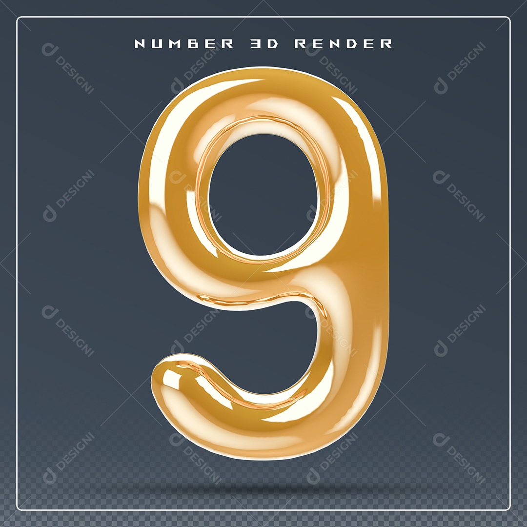 Elemento 3D Número 9 Dourado para Composição PSD
