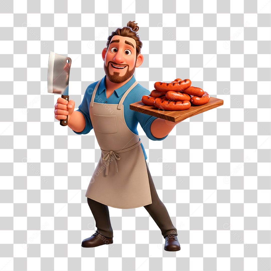 Açougueiro com Linguiça PNG Transparente
