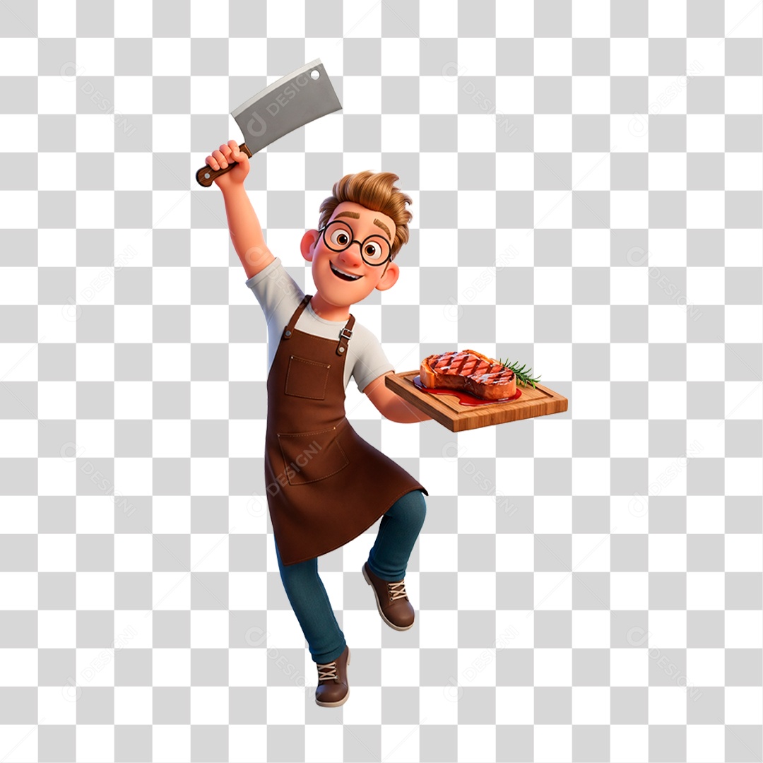 Personagem Açougueiro Segurando Tábua de Corte PNG Transparente