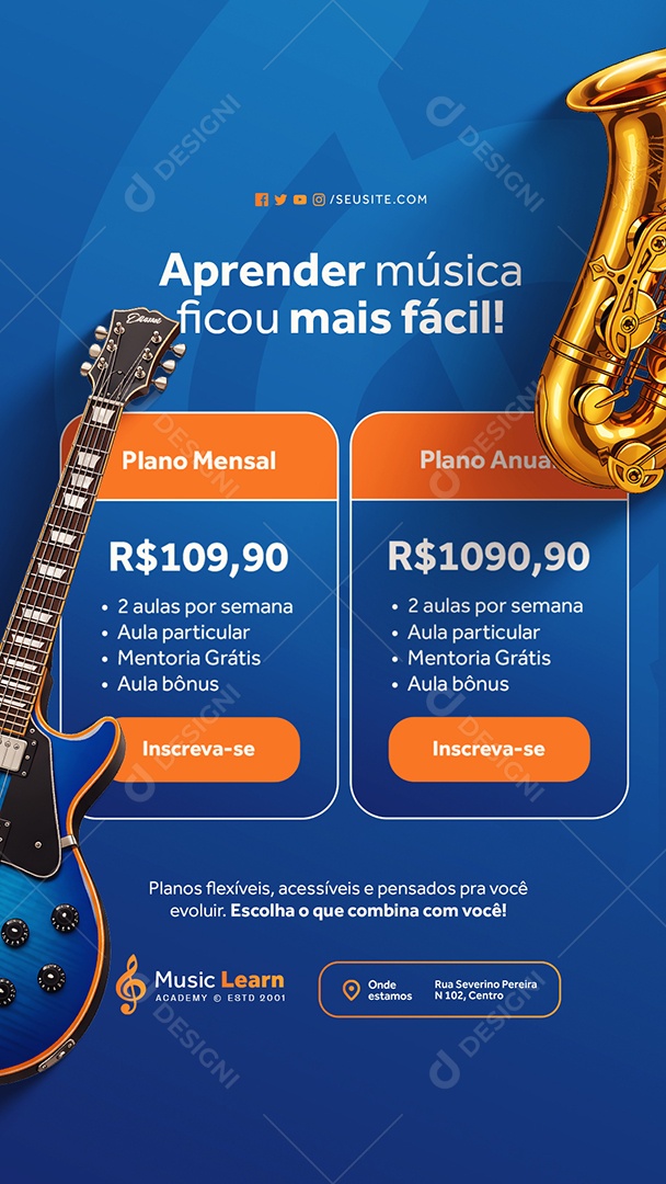 Story Escola de Música Aprender Música Plano Mensal Social Media PSD Editável