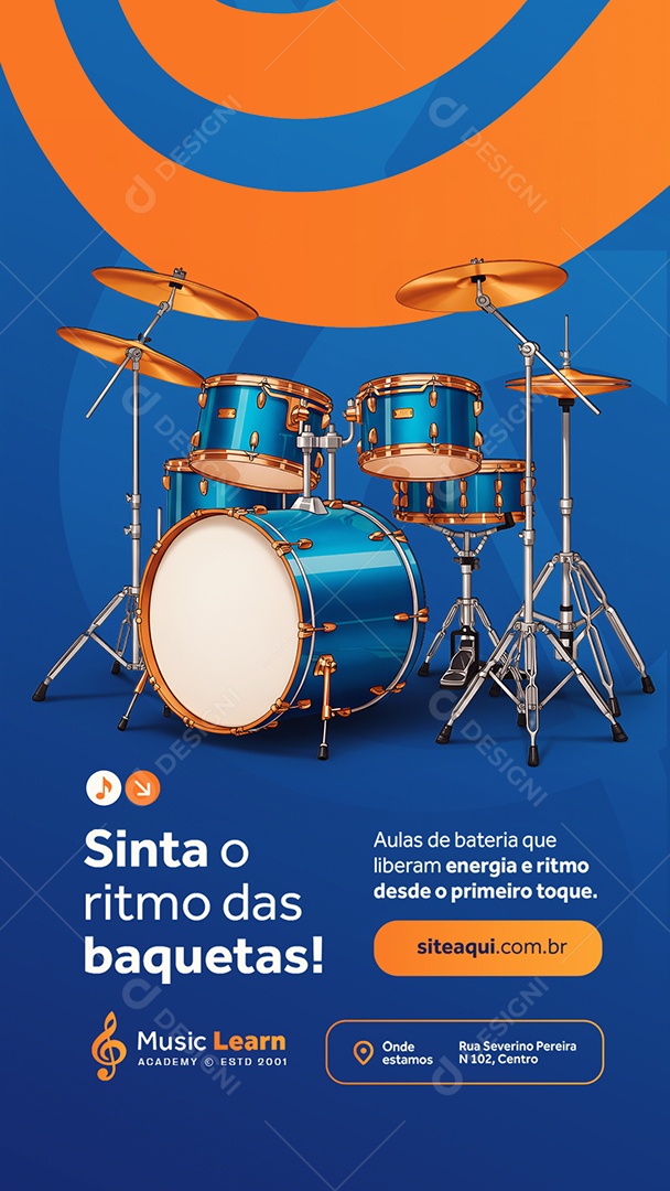 Story Escola de Música Sinta o Ritmo da Baqueta Aulas de Bateria Social Media PSD Editável