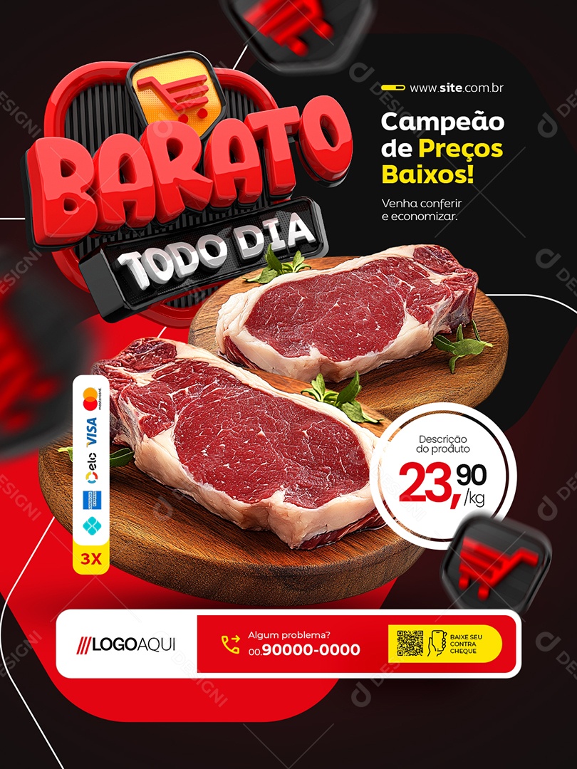 Supermercado Barato Todo Dia Carnes Social Media PSD Editável