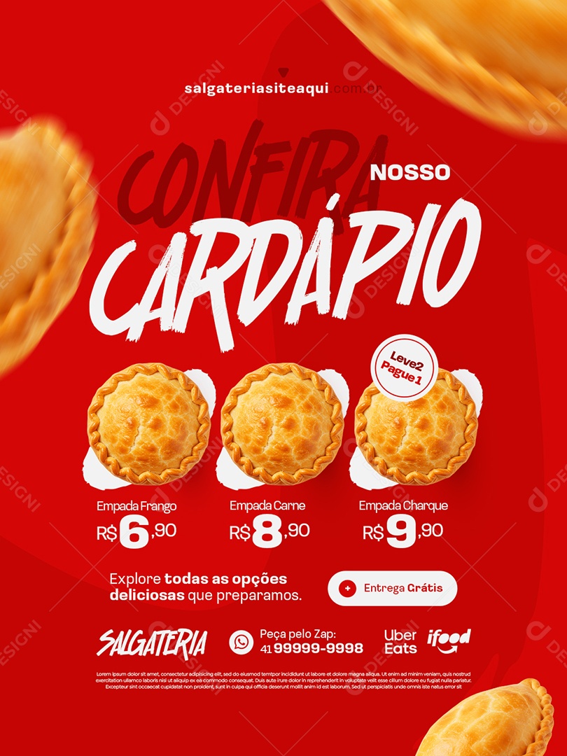 Salgados Confia Nosso Cardápio Social Media PSD Editável