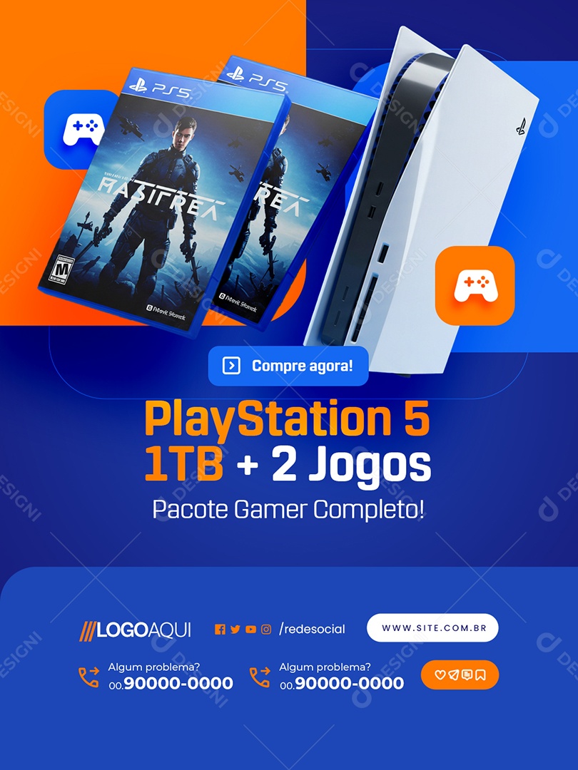 Loja de Games Playstation 5 mais 2 jogos Social Media PSD Editável