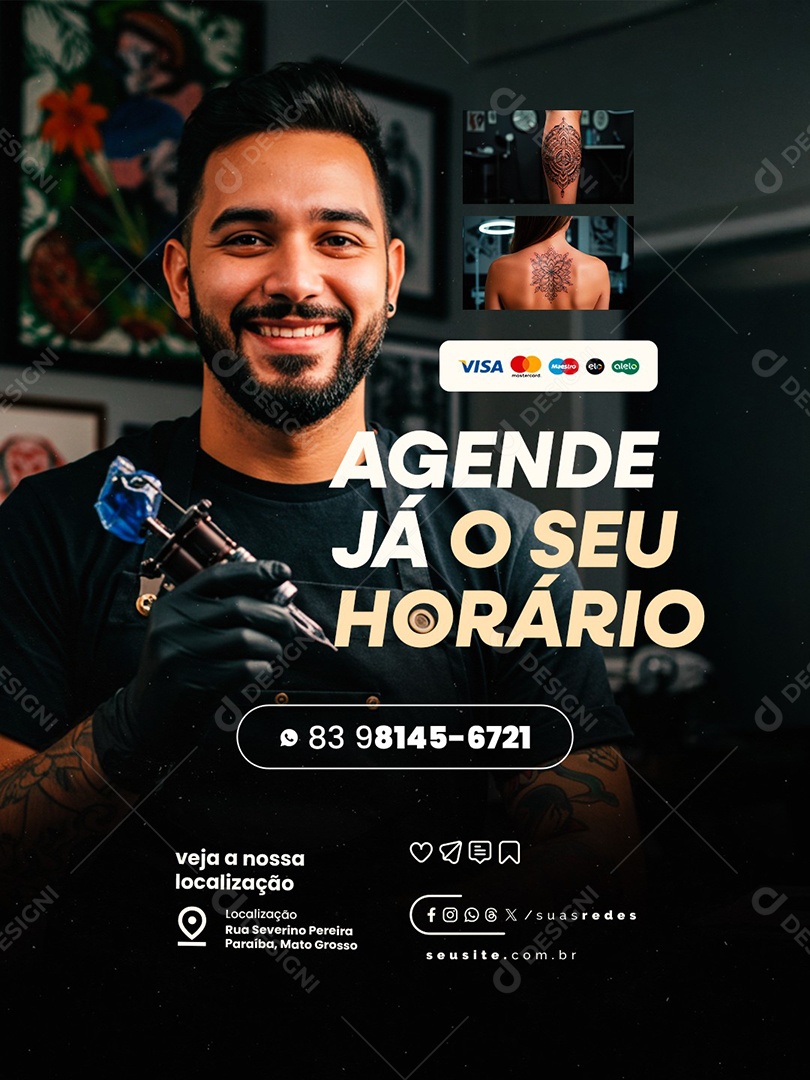 Estúdio de Tatuagem Agende Seu Horário Social Media PSD Editável