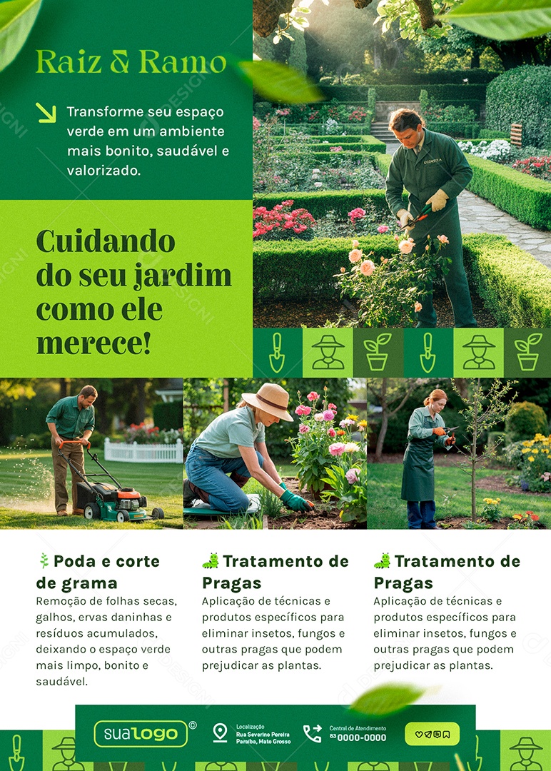 Flyer Jardineiro Cuidando do seu Jardim Social Media PSD Editável