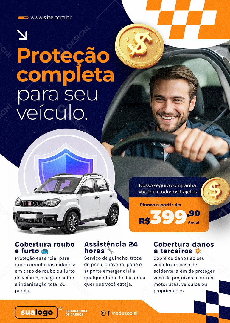 Flyer Seguro Automóvel Proteção Completa Social Media PSD Editável