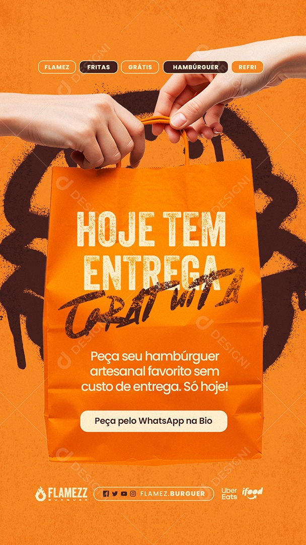 Story Hamburgueria Hoje Tem Entrega Gratuita Social Media PSD Editável