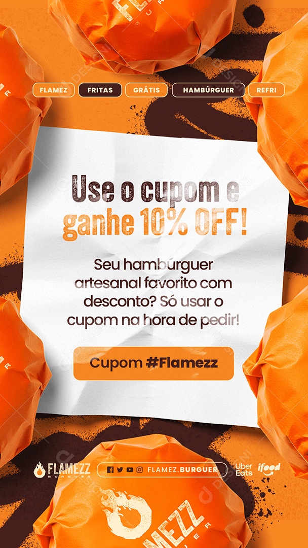 Story Hamburgueria Use o Cupom e Ganhe 10% Off Social Media PSD Editável