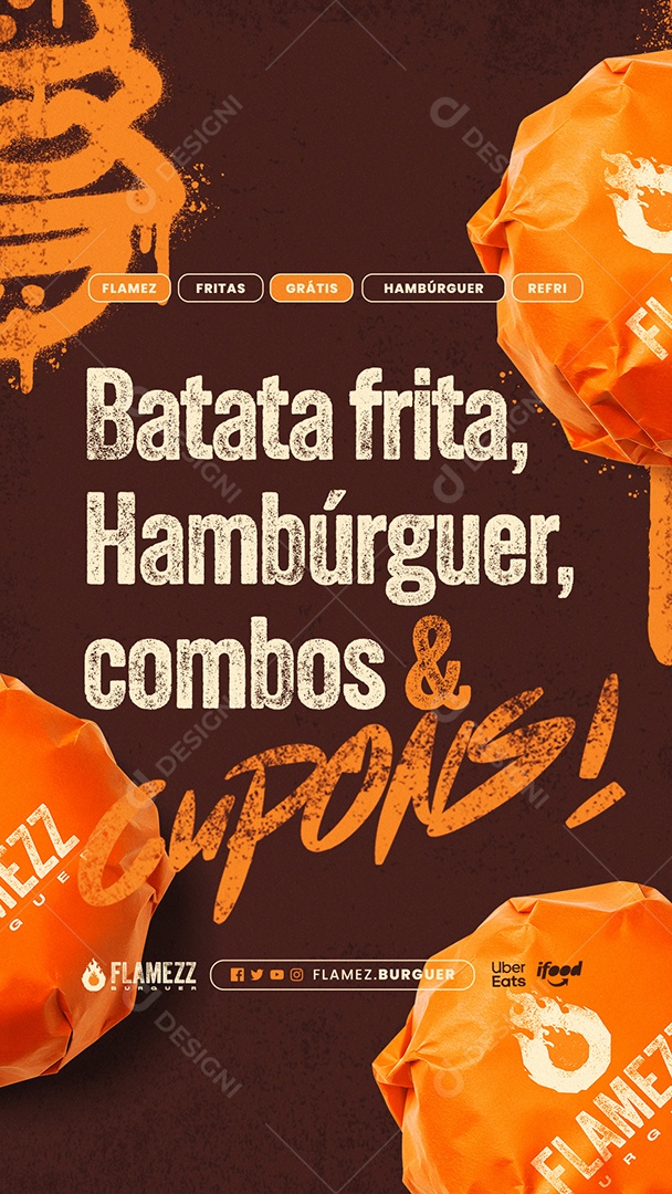Story Hamburgueria Batata Frita Hambúrguer Combos e Cupons Social Media PSD Editável