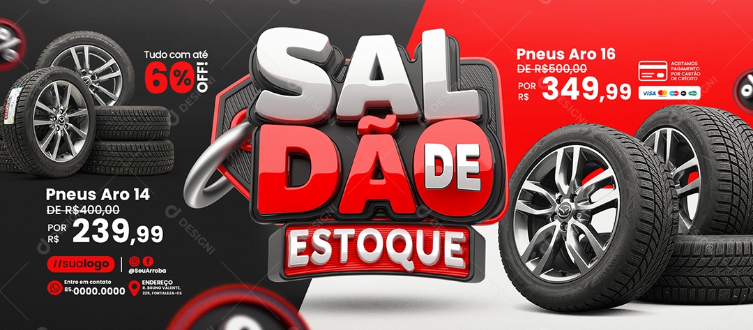 Banner Loja de Pneus Saldão de Estoque Pneus Aro 14 Social Media PSD Editável
