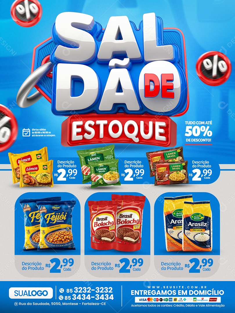 Tabloide de Supermercado Saldão de Estoque Tudo com Até 50% de Desconto Social Media PSD Editável