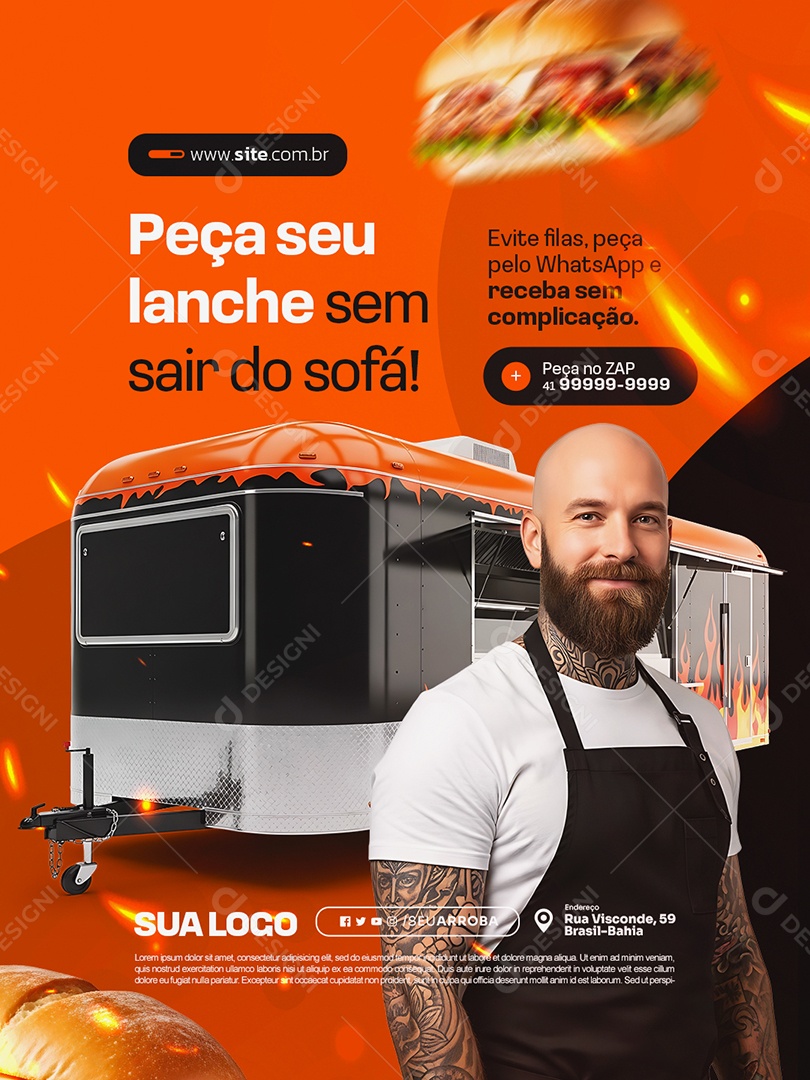 Trailer Lanche Peça seu Lanche Sem Sair do Sofá Social Media PSD Editável