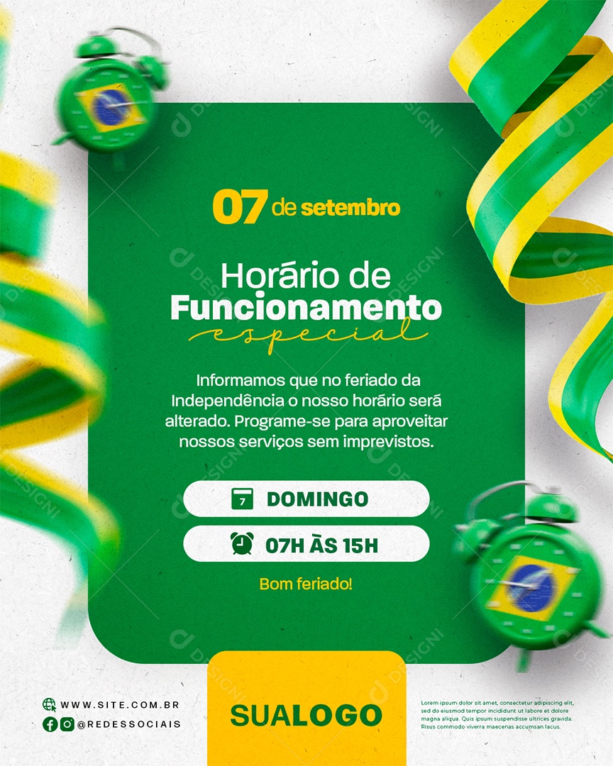 Comunicado Horário de Funcionamento Especial 07 de Setembro Social Media PSD Editável