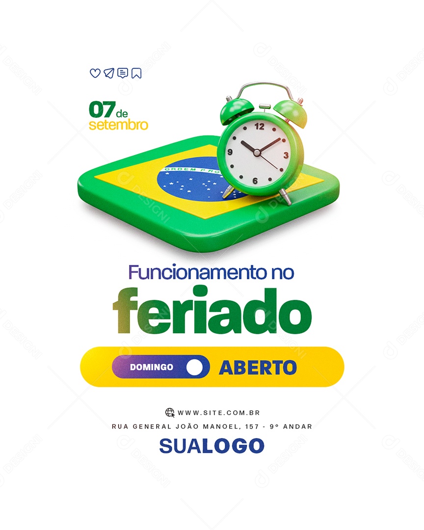 Funcionamento no Feriado Comunicado 07 de Setembro Social Media PSD Editável