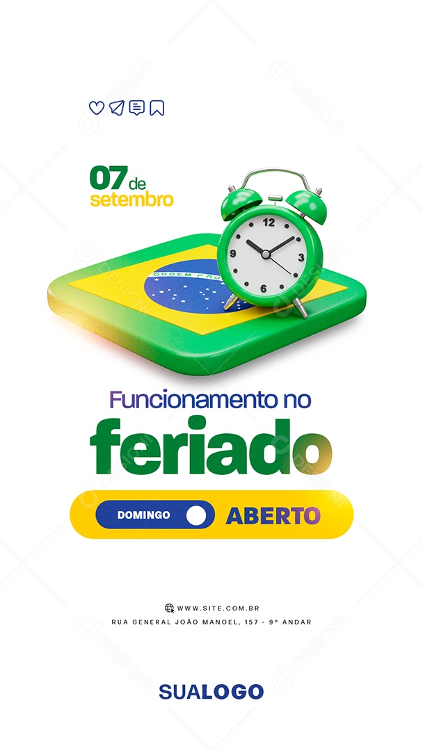 Story Funcionamento no Feriado Comunicado 07 de Setembro Social Media PSD Editável