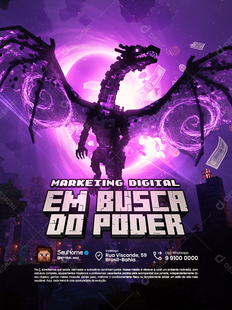Marketing Digital Minecraft Em Busca do Poder Social Media PSD Editável