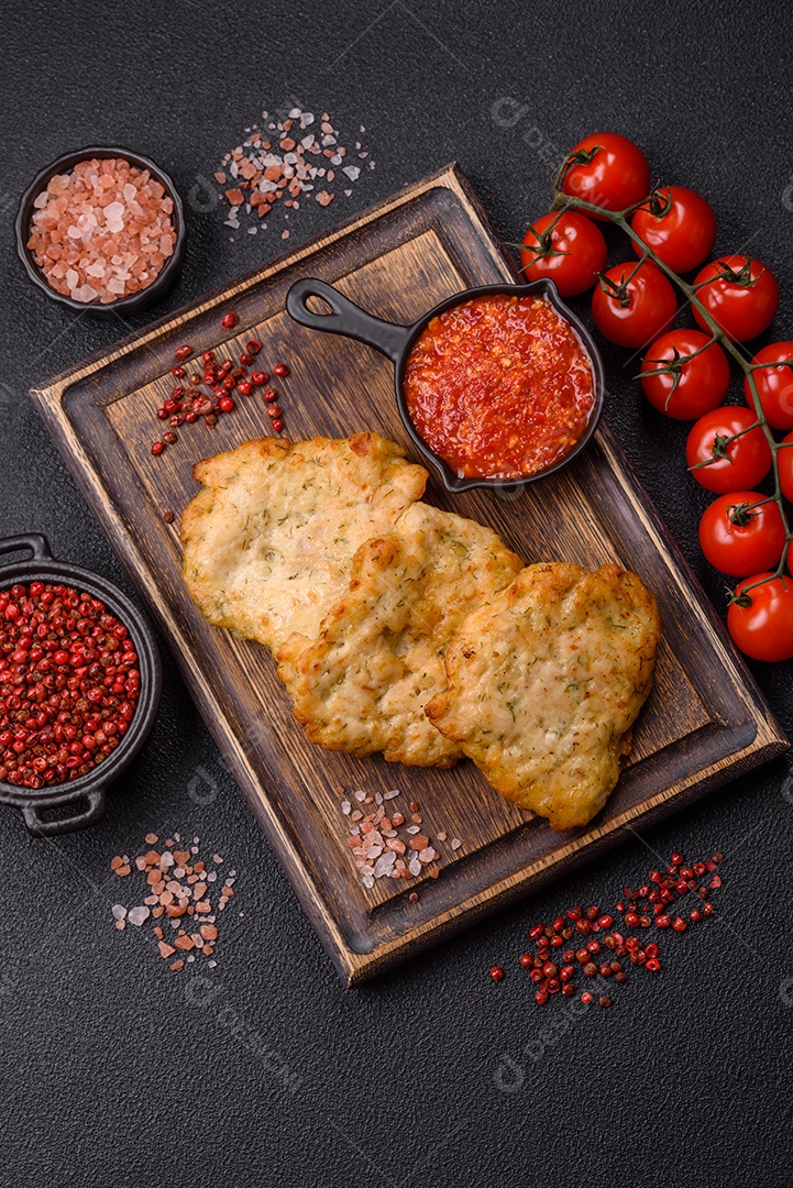 A imagem mostra dois bolinhos de carne fritos, acompanhados de um molho vermelho